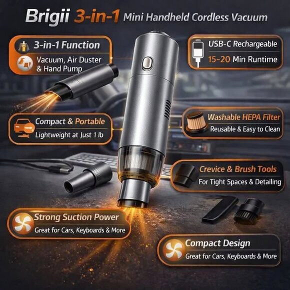 BRIGII Other - Brigii Mini Handheld Vacuum Cordless, 3 in 1-Car & Air Duster & Gray